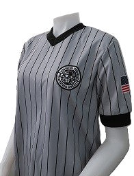 IAABO Logo Dye Sublimated Women's Grey Pin Stripe Referee Shirt w/ Flag Options